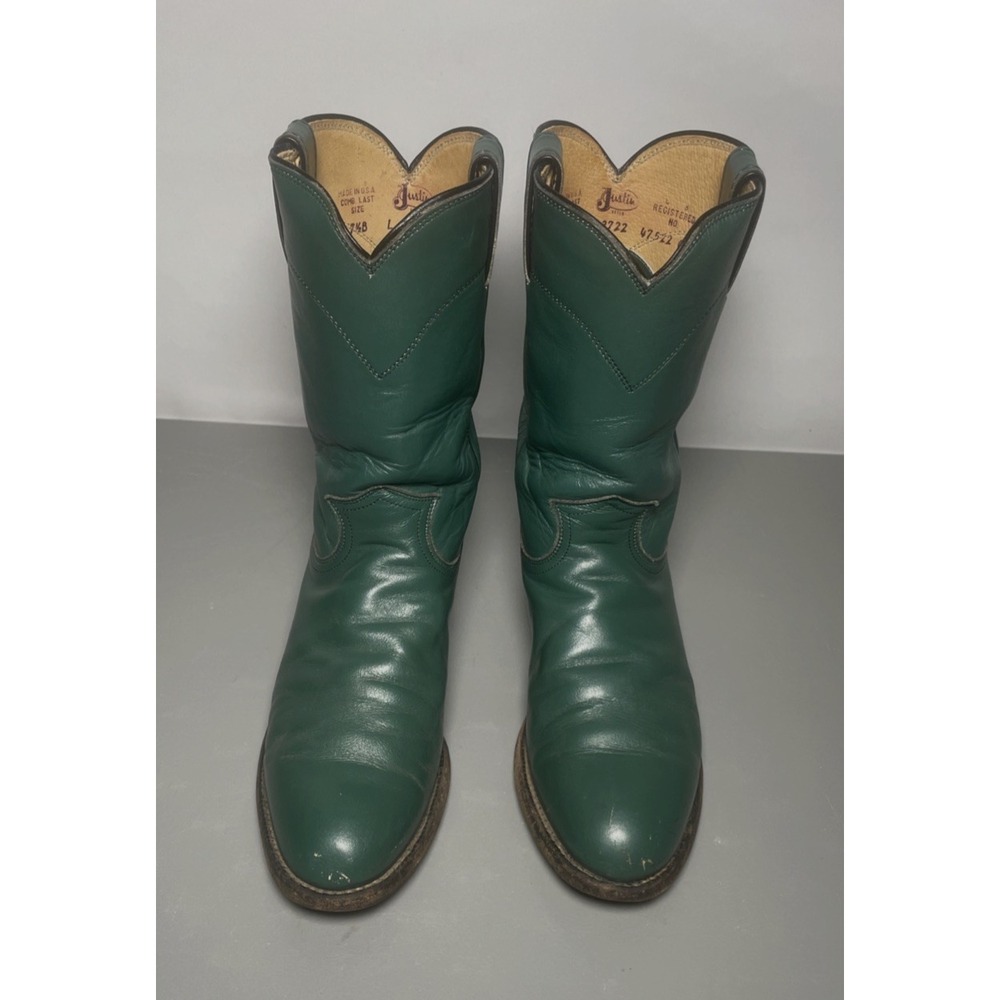 Vintage Justin Boots Green Leather Roper Western Cowgirl Women's 7.5 B